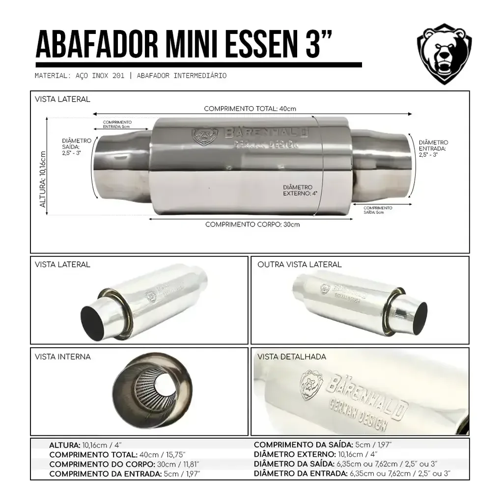 Abafador Esportivo Intermediário em Inox Bärenwald Mini Essen 3" — foto 7
