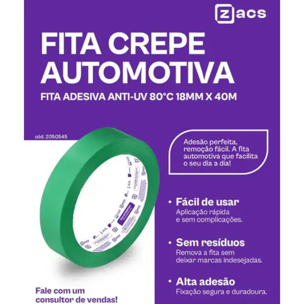 Fita Crepe Automotiva Verde Zacs (18mm X 40m) — foto 2