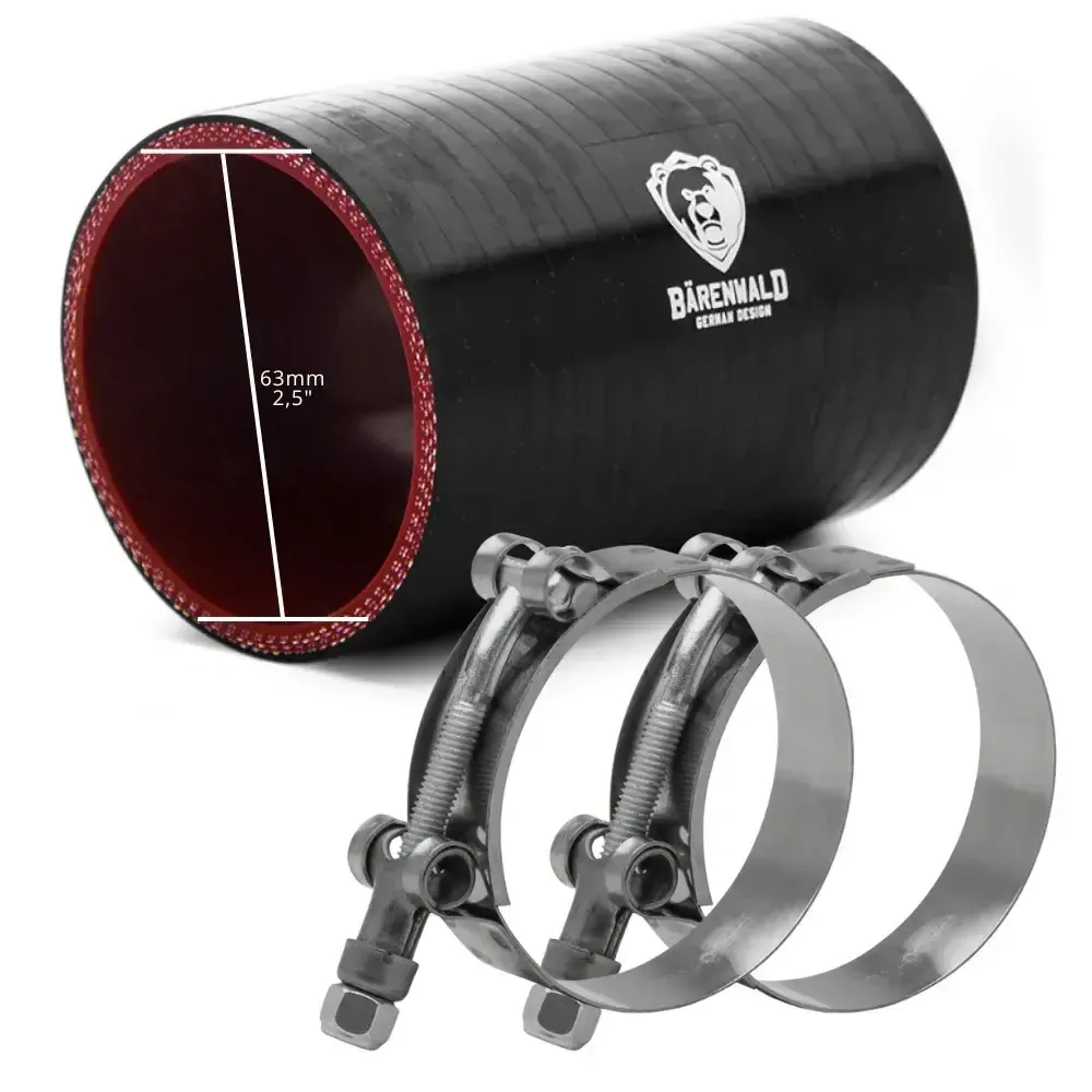 Kit Mangote de silicone reto 2,5" (63mm) x 100mm Bärenwald preto com Abraçadeiras Tucho Inox