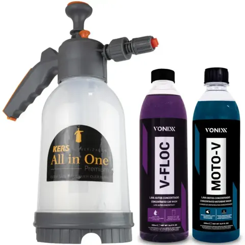 Kit pulverizador manual e shampoo neutro V-Floc + shampoo desengraxante Moto-V Vonixx (Snow Foam Kers)
