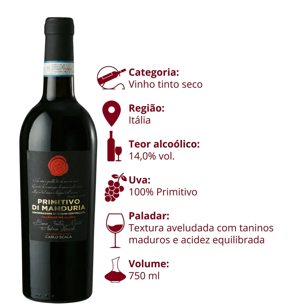 Combo 6x Vinho Tinto Primitivo di Manduria DOC Carlo Scala 750ml — foto 3