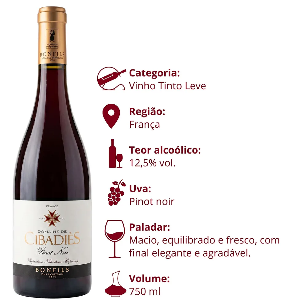 Tinto Pinot Noir IGP Pays d’Oc Domaine de Cibadiès Bonfils 750 ml — foto 3