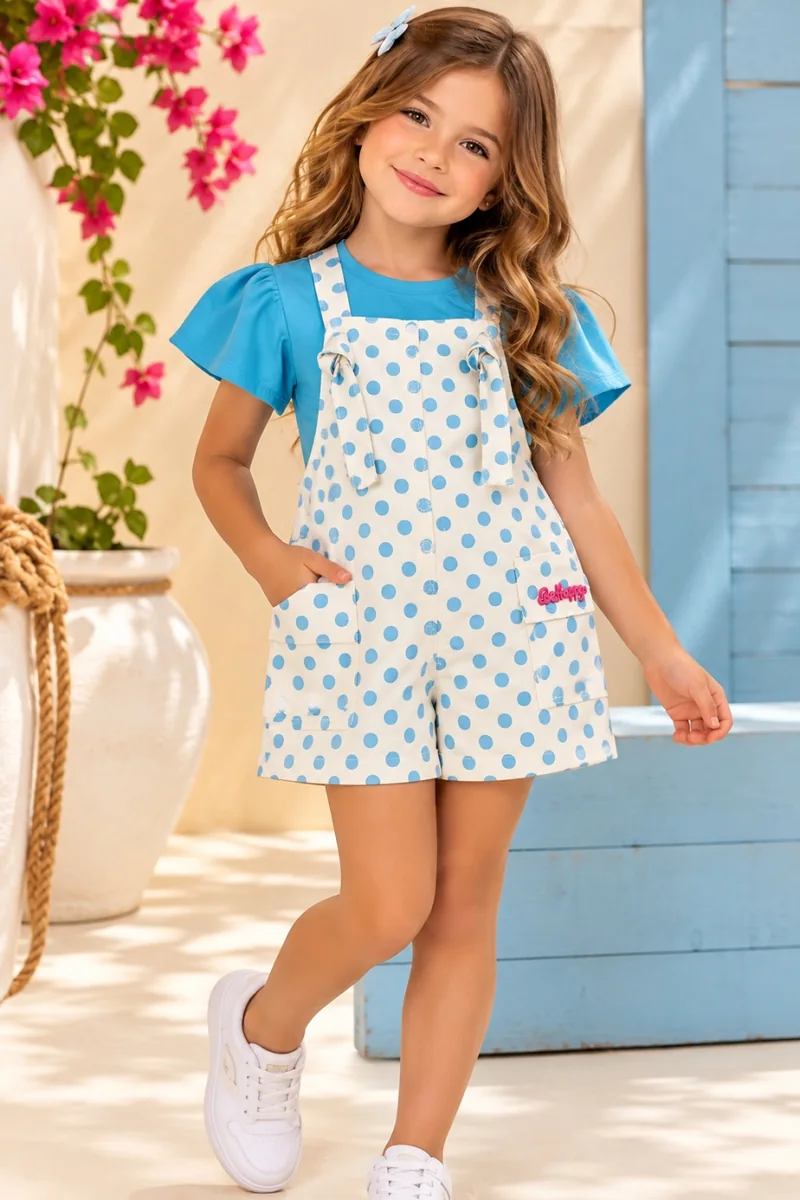 Jardineira Infantil Poá com Blusa - Azul