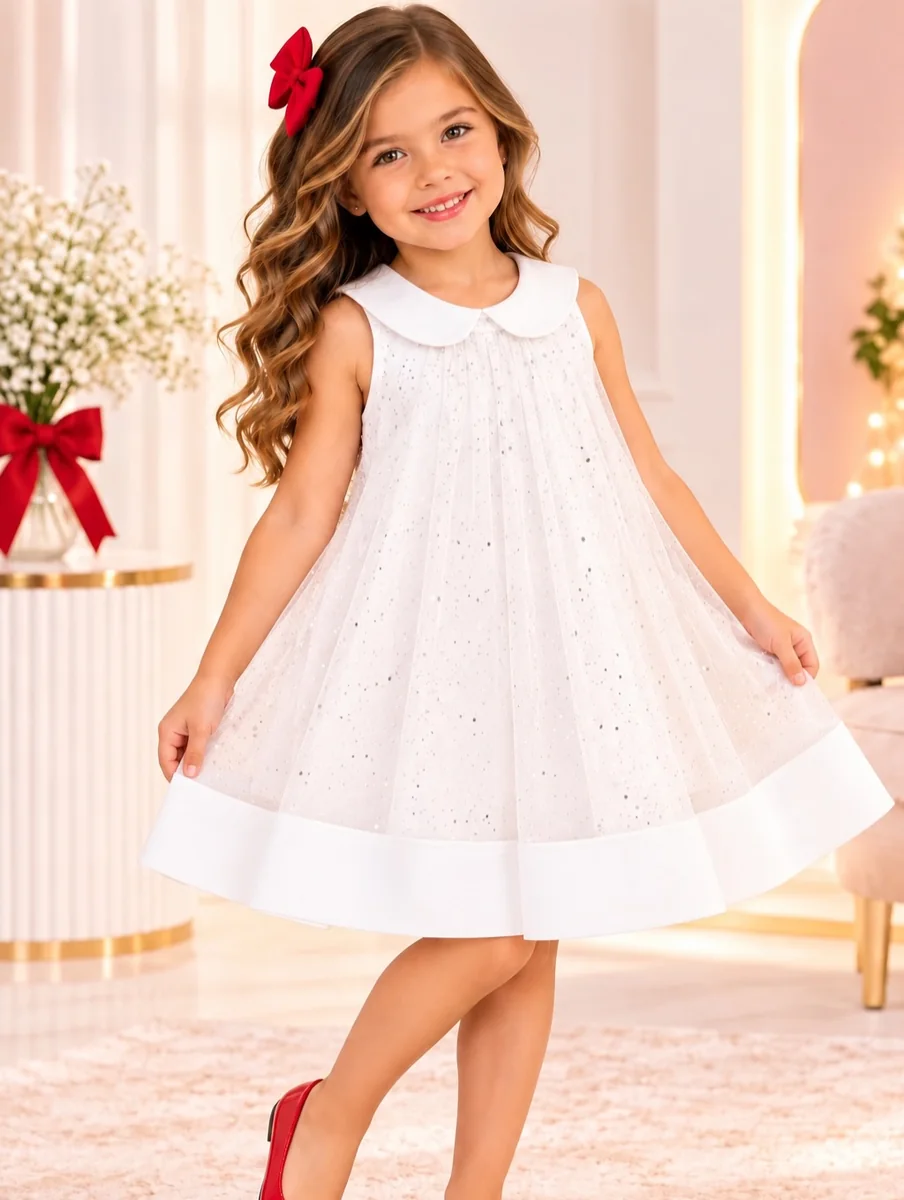 Vestido Infantil com Brilho e Gola Boneca - Branco