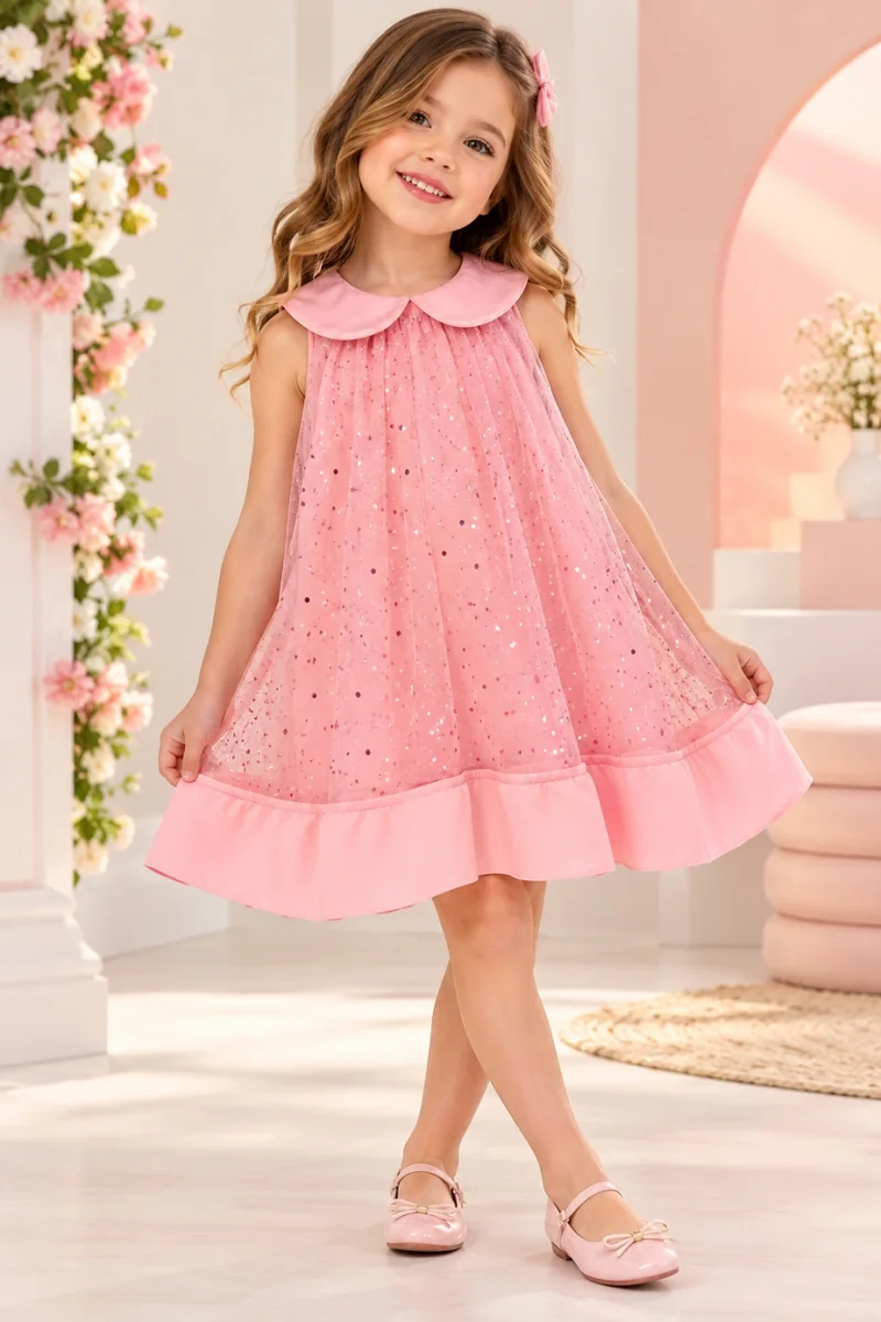 Vestido Infantil com Brilho e Gola Boneca - Rosa