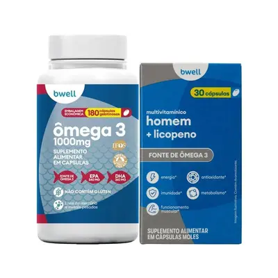 Kit Bwell Ômega 3 180 Cápsulas + Polivitamínico Homem 30 Cápsulas