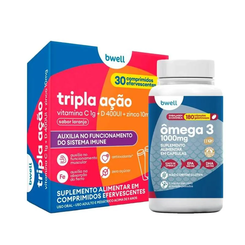 Kit Bwell Ômega 3 180 Cápsulas + Vitamina C Tripla Ação 30 Comprimidos Efervescentes