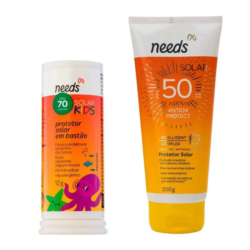 Kit Protetor Solar Needs Corporal FPS 50 Antiox Protect 200g + Infantil FPS 70 Kids Bastão 12g