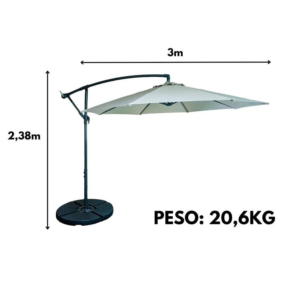 Ombrelone Guarda Sol Praia Jardim Lateral 3 Metros Com base Pvc - Cinza Claro — foto 5